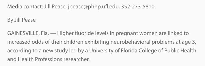 Study finds every 0.68 mg/liter increase of Fluoride levels in pregnant women’s urine nearly doubles the odds of children scoring clinical or borderline clinical for neurobehavioral problems at age 3